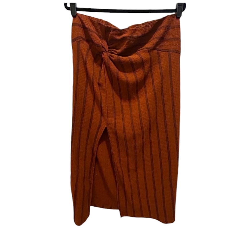 H&M Burnt Orange Clay Rust Mid Skirt w Brown Stripes Knot Ruching Slit Front